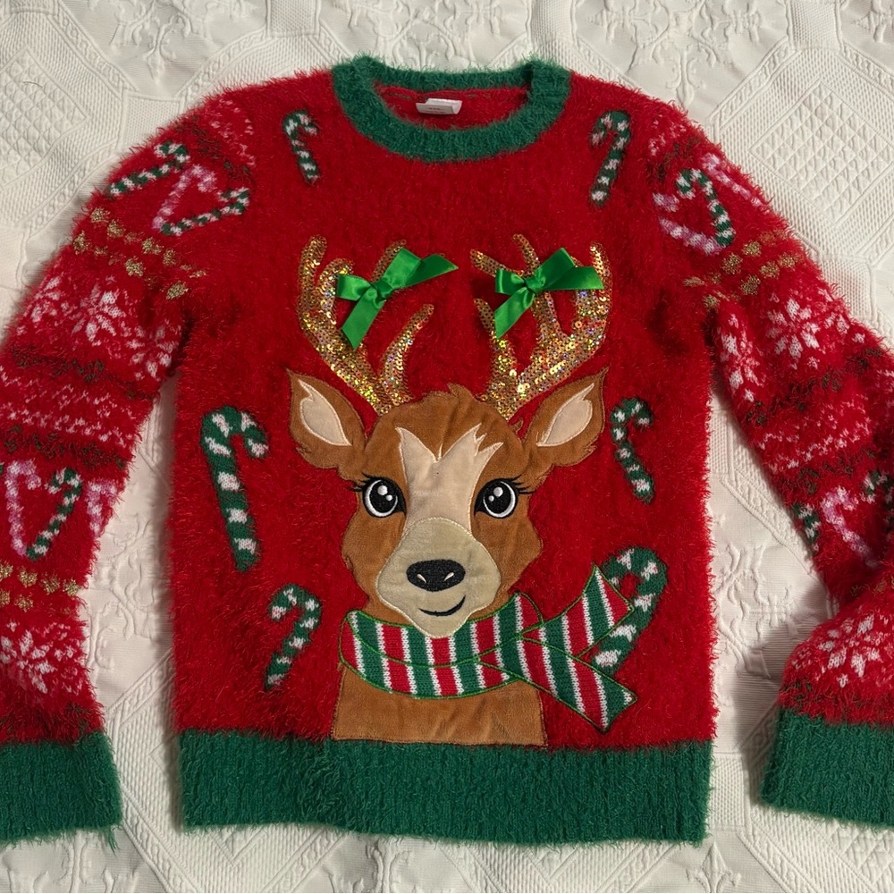 Festive Red Reindeer Christmas Sweater Girls 7/8